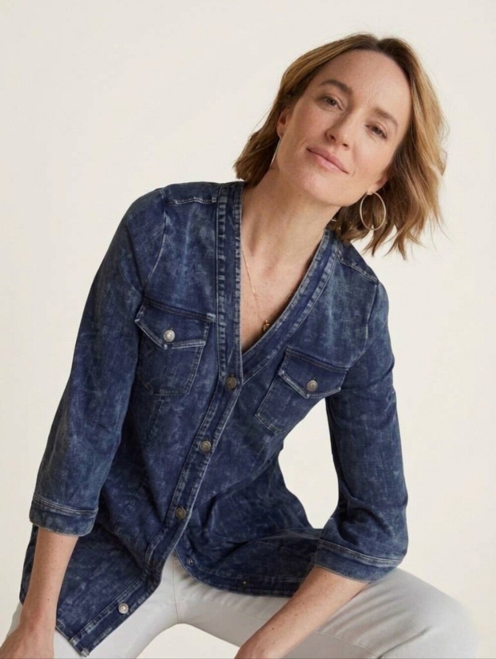 SOFT SURROUNDINGS Denim Stretch Snap Button Melbourne Tunic Boho Western Size L